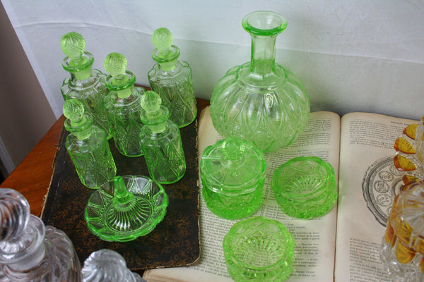 Antique Belgian Val saint lambert amber vanity set dresser + green + clear 1906