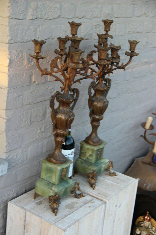 Majestical Onyx marble spelter bronze antique French candlelabras candle holder