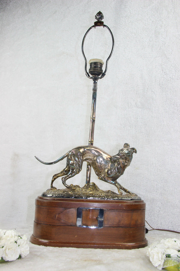 Mid century 1970 Bronze silver patina Greyhound whippet dog lamp wood base