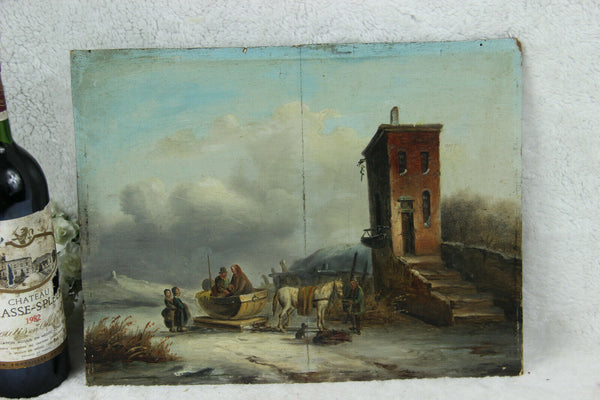 Antique 19thc Holland oil panel painting winter scene horse dog sled
