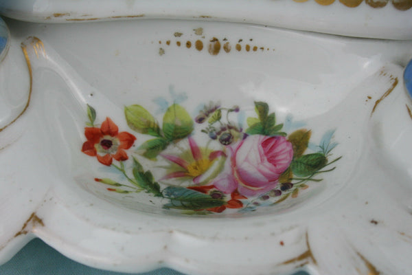 Antique French vieux Paris Porcelain Inkwell fox hunting pheasant 19th c