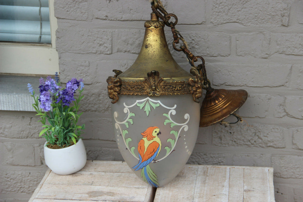 Rare antique Bronze French glass parrot chandelier lantern lamp ram heads