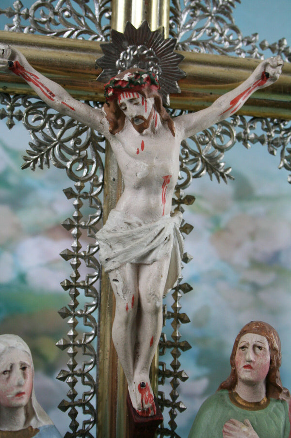Antique  french Stoneware chalkware Crucifix calvary Mother mary magdalena