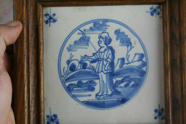 Antique 1850 Delft Ceramic Blue painted tile framed dutch
