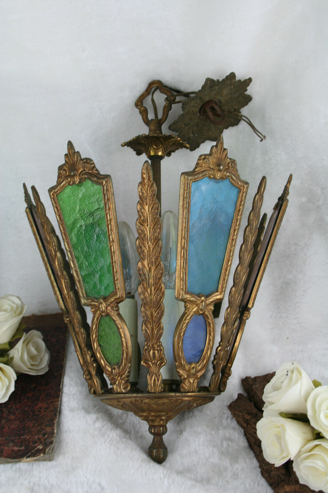 antique rare french stained cleared glass chandelier multi colour lantern lamp