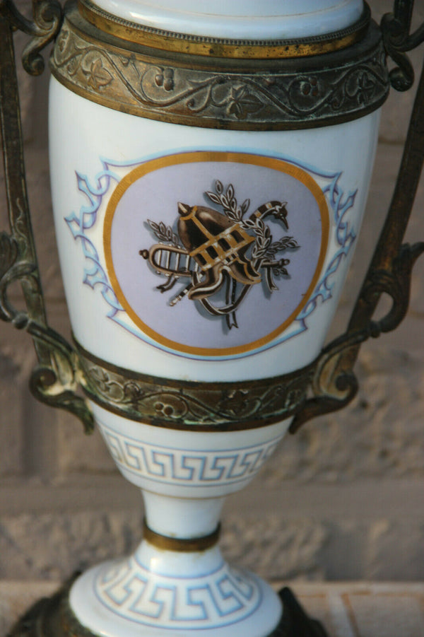 PAIR antique French oil Lamps porcelain Bronze Egypt potrait heads Rare marked