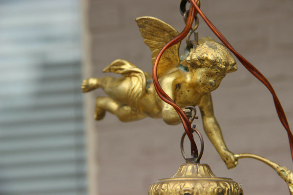 French Antique Bronze Angel putti tulip shade pendant lamp candelier