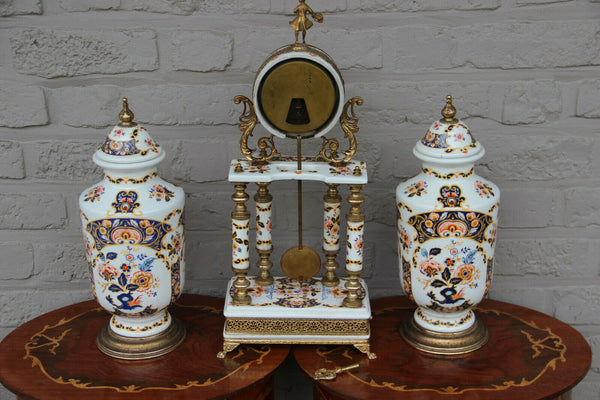 Vintage French Limoges porcelain floral clock set vases putti 1960