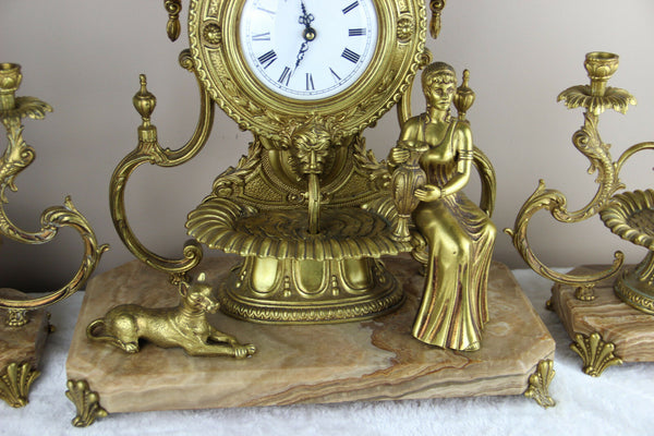 RARE french 1976 marble Lion fountain heads lady dog clock + pair candelabras