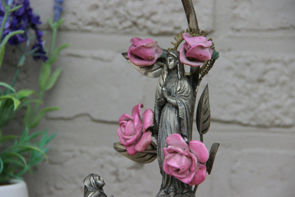 Antique French Notre dame LOURDES Spelter music box porcelain flowers lamp