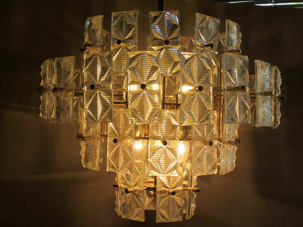 German Mid-Century 3 tier 36 Faceted Crystal glass disc Chandelier by Kinkeldey
