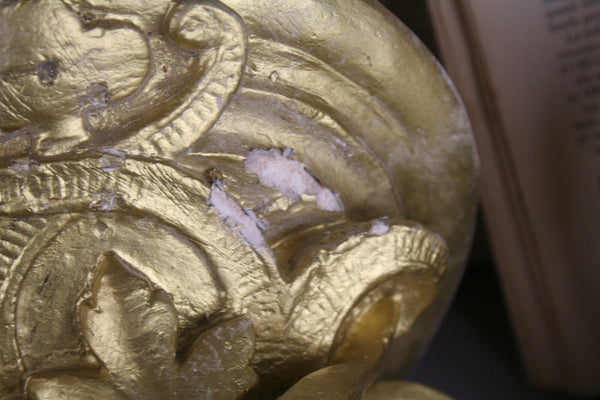 Pair French antique chalkware gold gilted Faun devil satyr head wall consoles