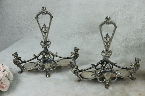 PAIR Antique Christofle Silver Plated Oil Vinegar Stand gothic dragons monogram