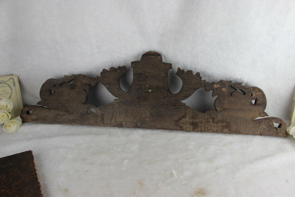 French antique wood carved dragon griffin pediment cabinet fronton gothic