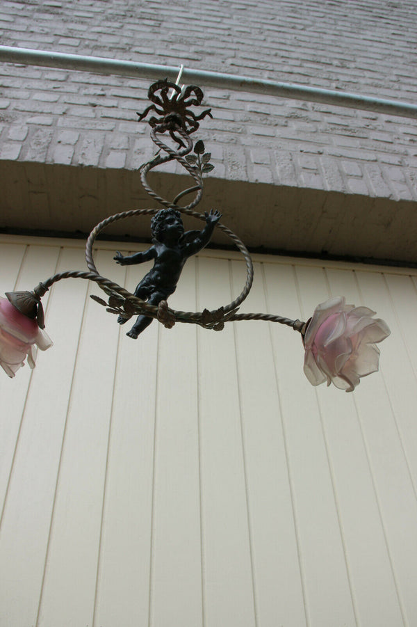 Antique French Art nouveau putti angel spelter Bronze chandelier pendant