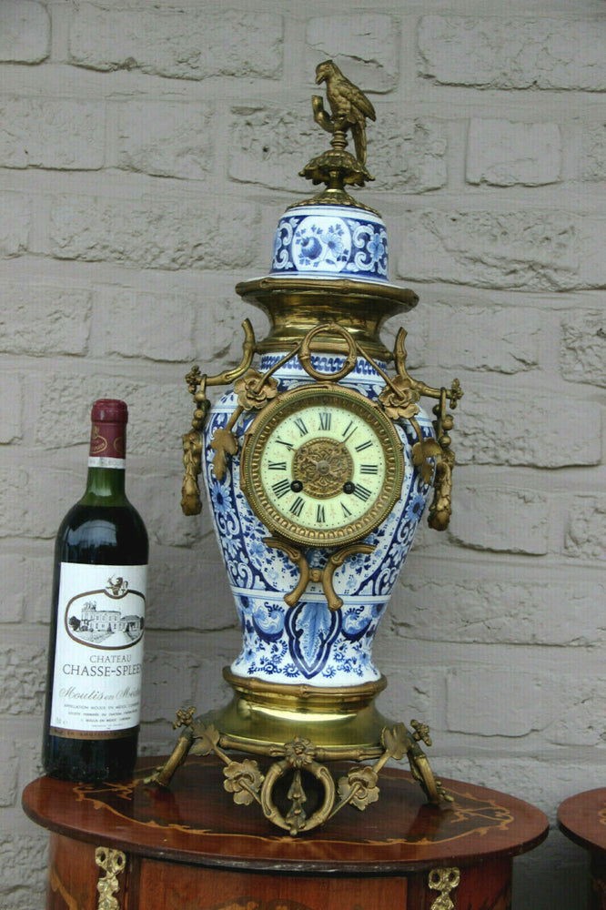 Huge Delft blue white pottery bird clock ram heads bronze ornaments rare
