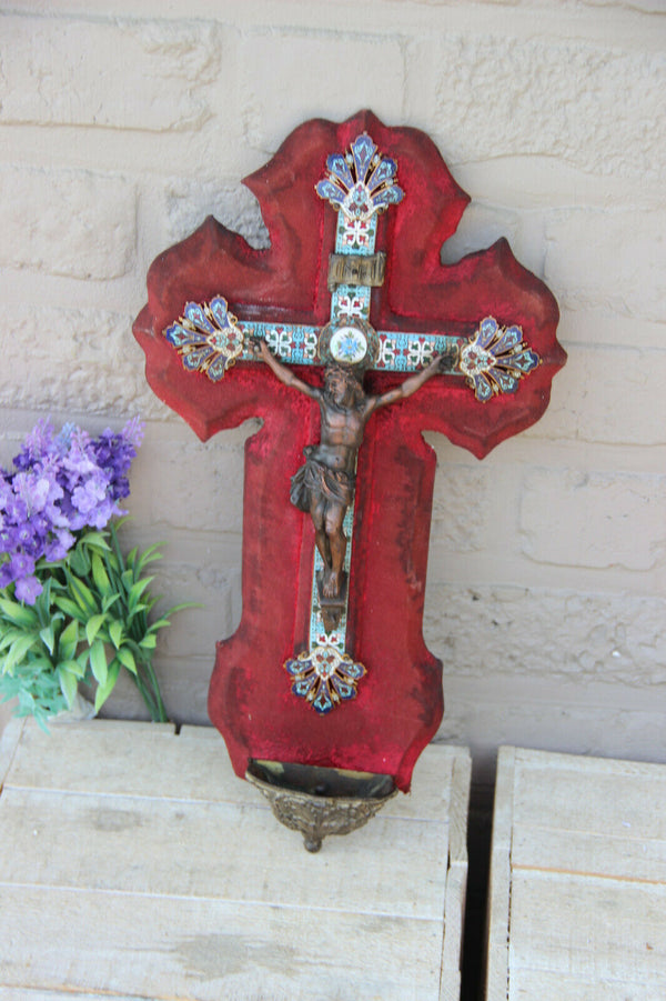 Antique French Religious holy water font bronze christ crucifix cloisonne enamel