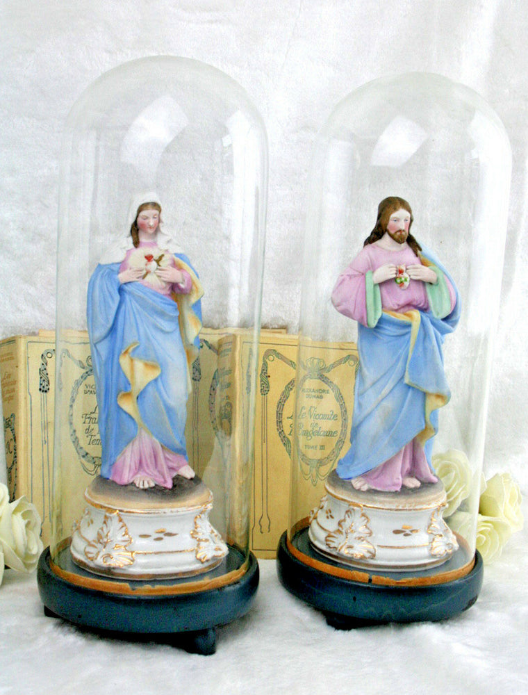 PAIR 19thc FRENCH VIEUX old paris porcelain Holy mary Jesus religious globe