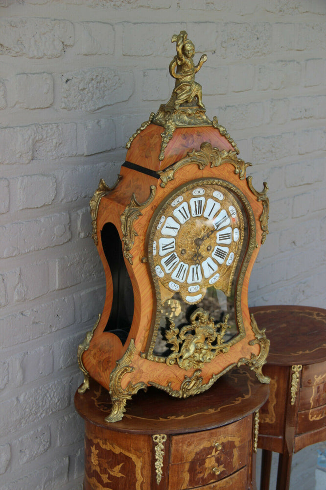 Huge French Boulle Cartel Mantel clock putti  bronze wood inlaid