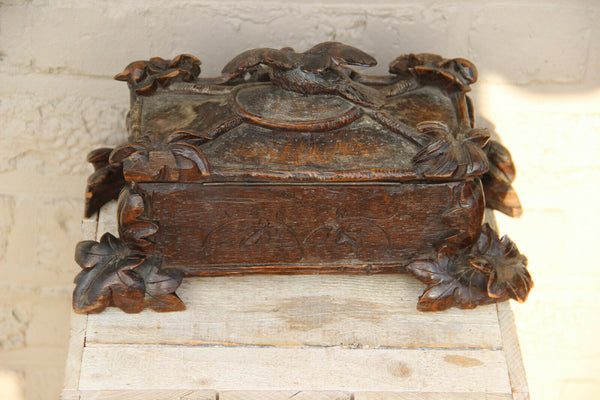 Antique Black forest detailed wood carved jewelry trinket box bird