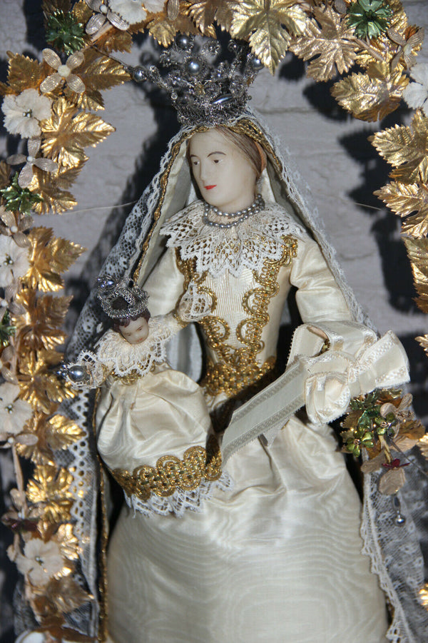 Antique French Wax madonna statue vieux paris porcelain vase globe dome rare