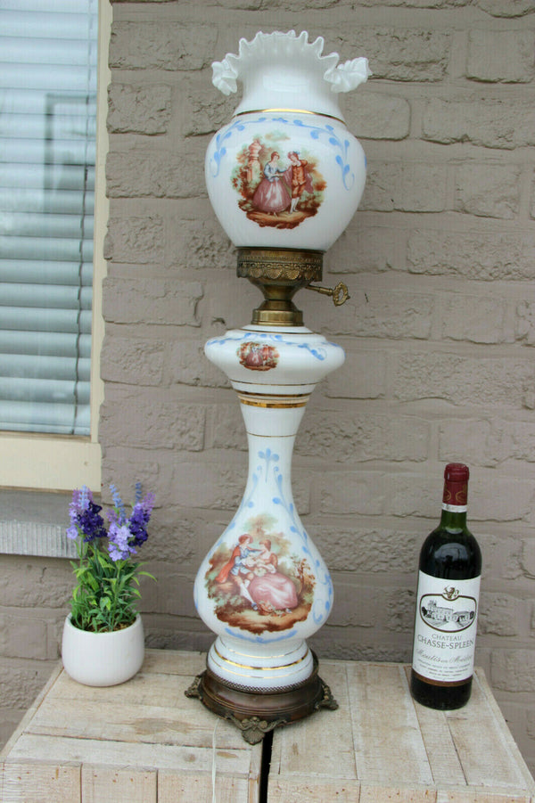 Stunning Vintage 1960 French opaline glass victorian scene table lamp rare