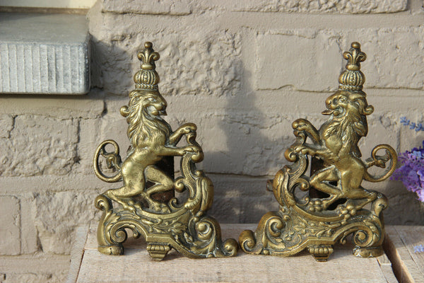 Antique French Bronze fireplace andirons firedogs royal lion kings castle