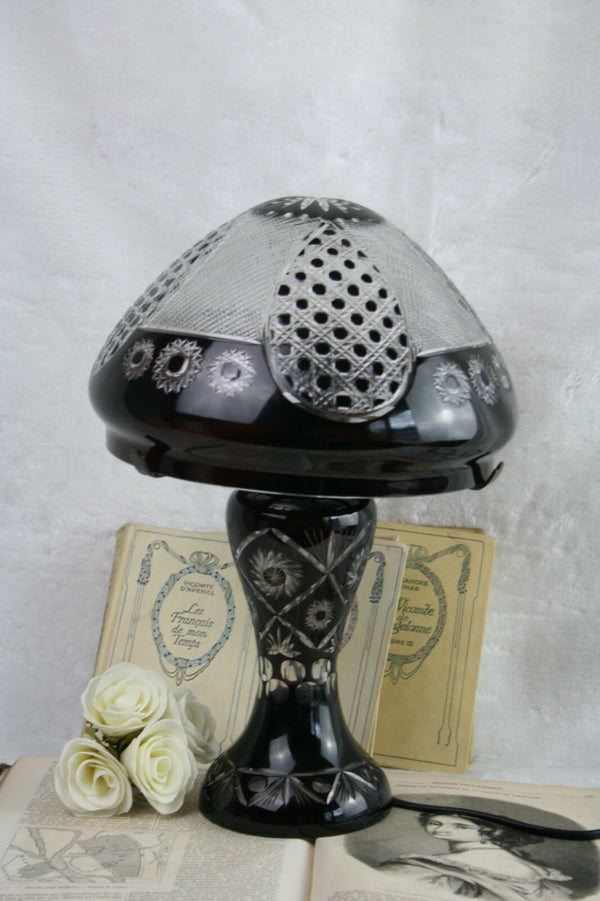 Rare Bohemian brown Cut clear glass crystal mushroom lamp 50's