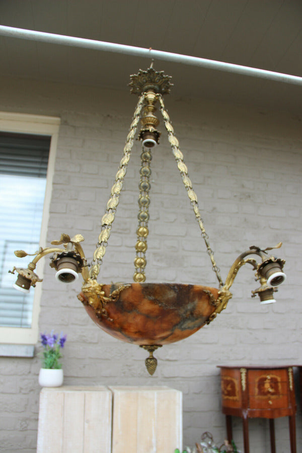 Gorgeous French amber alabaster bowl coupe caryatid heads chandelier lamp