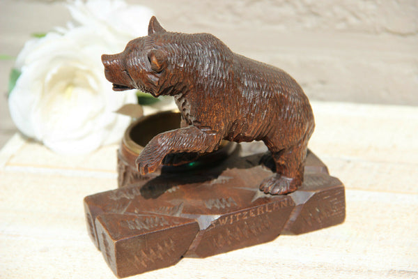 Antique hand Black forest wood carved swiss bear statue figurine ashtray