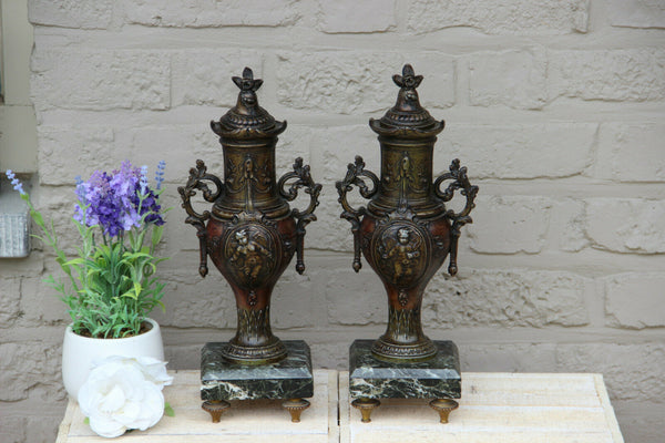 PAIR antique spelter bronze putti angel romantic Marble base Vases urn