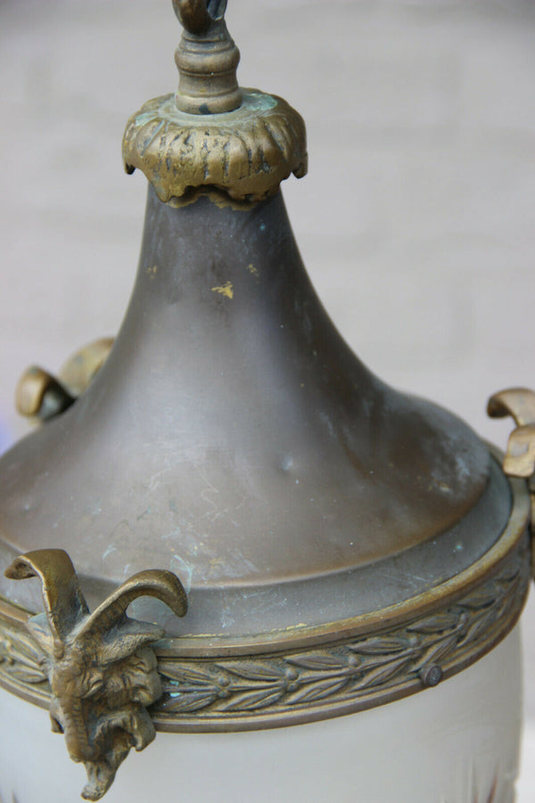 Antique French lantern pendant lamp chandelier crystal glass  shade ram heads