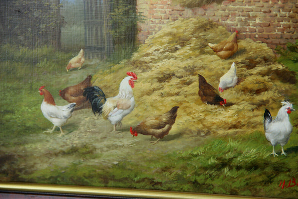 PAIR oil panel painting Sheep lamb chicken rooster farm signed HILAIRE BALS