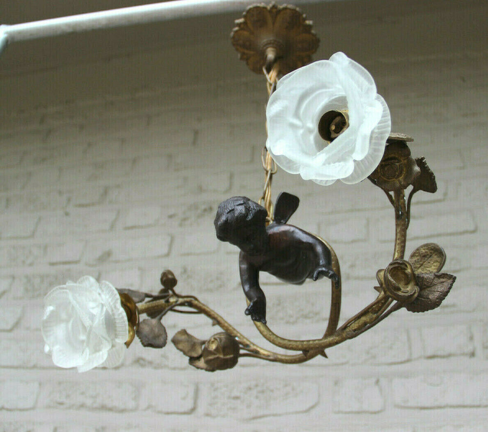 Antique French putti angel Bronze rose flower Glass tulip shades chandelier lamp