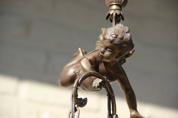 French Bronze putti angel pendant chandelier 2 arms amber glass tulip shades