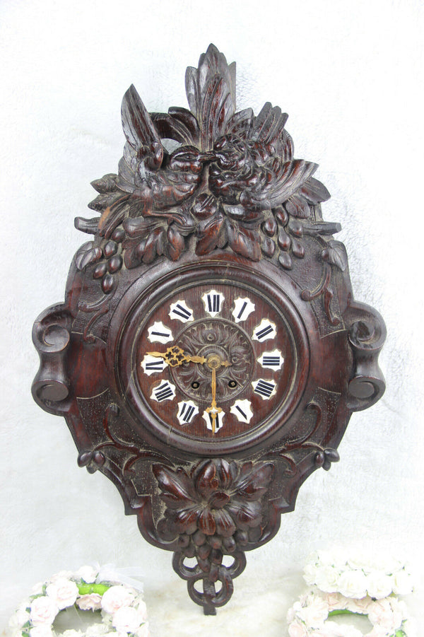Large Antique Black Forest Wood carved Birds wall clock