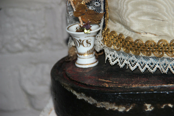 Antique French Wax madonna statue vieux paris porcelain vase globe dome rare