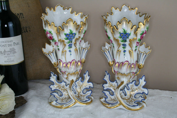 Antique 19thC PAIR vieux paris porcelain floral decor Vases style de Jacob petit
