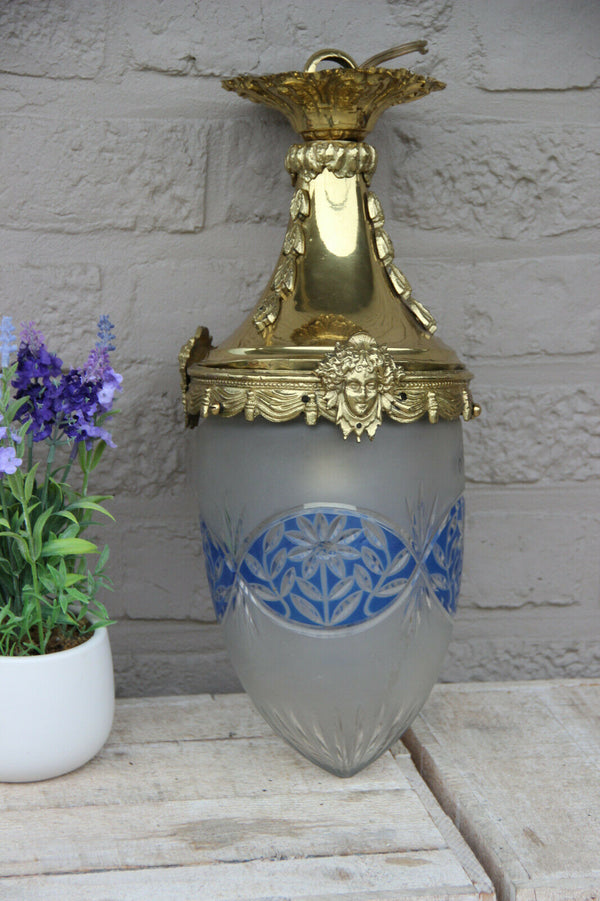 French Vintage LAntern chandelier crystal glass blue shade medusa head portrait