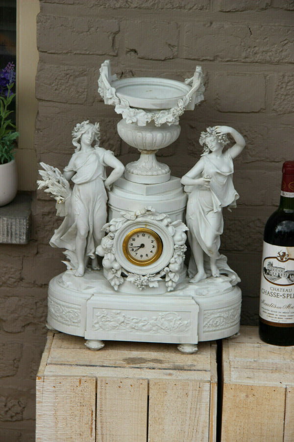 Huge Antique german Bisque porcelain group nymph Clock vase