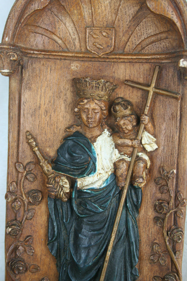 Flemish Ceramic wall madonna polychrome snake marked religious