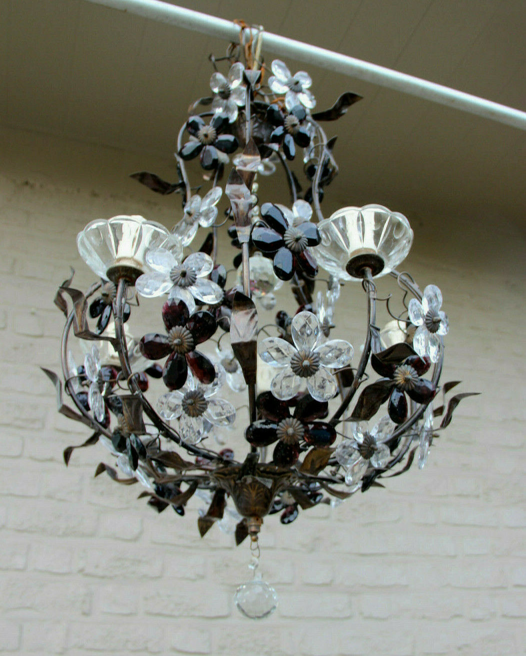 Vintage French metal Glass daisy flower Chandelier lamp attr MAISON BAGUES 1970