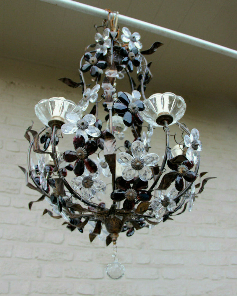 Vintage French metal Glass daisy flower Chandelier lamp attr MAISON BAGUES 1970