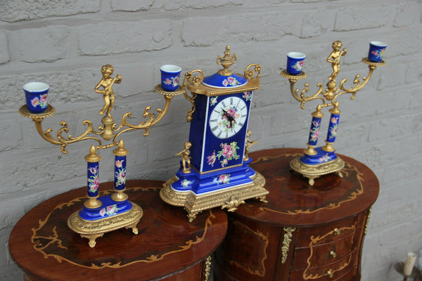 Superb French vintage porcelain putti angels floral clock set candlesticks 1960