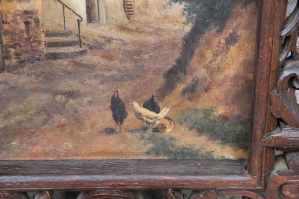 Rare antique black forest wood carved Frame with oil panel painting chickens
