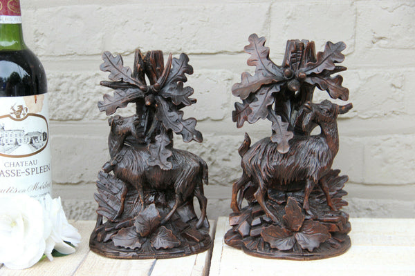 Antique Swiss Black forest wood carved candle holder Statue deer