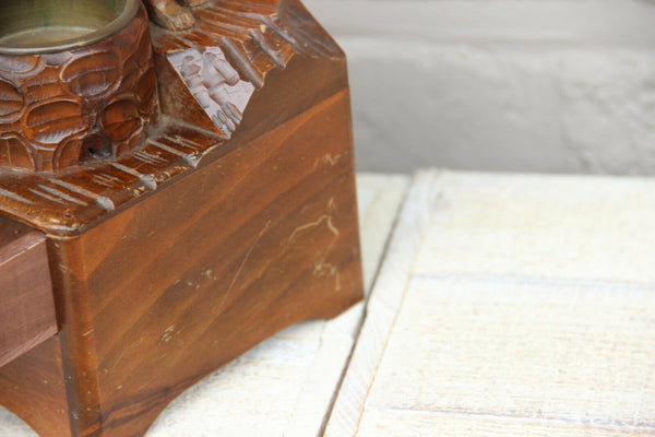 Antique hand Black forest wood carved swiss bear statue music box ashtray