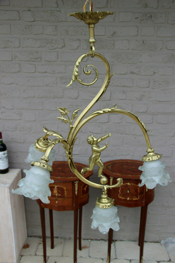 Gorgeous French bronze putti angel 4 arm chandelier pendant lamp shades n1
