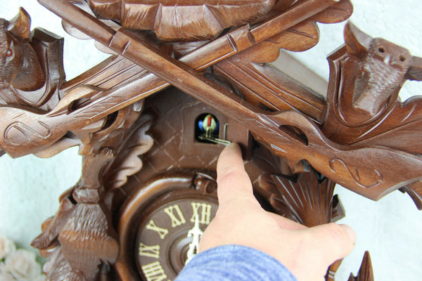 Vintage german cuckoo Wood carved black forest hunt theme Clock wall