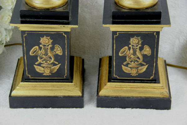 Pair vintage Wood carved empire style 1970 French table desk lamps